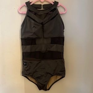Kandi Kouture grey dance leotard with mesh cut outs. Child XL.